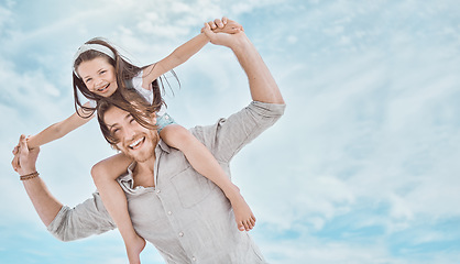 Image showing Ready for takeoff. a young father and daughter spending time together at the beach.