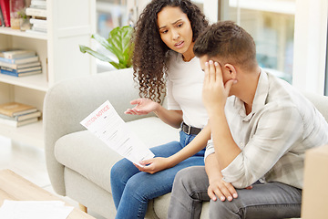 Image showing Not everyone gets a good start. a young couple looking stressed while holding an eviction notice.