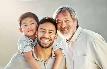 Image showing Making sure he has great male role models. Cropped portrait of a handsome young man on the beach with his father and son.