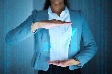 Image showing Lets take this business to the next step. an unrecognisable businesswoman standing alone in the office and showing a cgi growth chart.