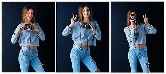 Image showing Putting the oh in photo. Multiple image shot of a cute teenage girl with a vintage camera posing against a dark background.