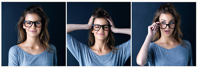Image showing She makes those glasses look cool. Multiple image shot of a cute teenage girl posing against a dark background.