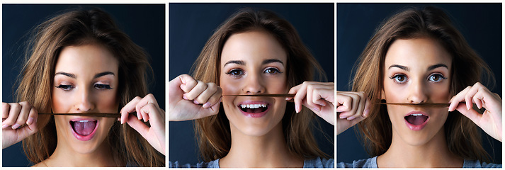 Image showing How do you like my tash. Multiple image shot of a cute teenage girl making a mustache with her hair against a dark background.