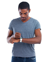 Image showing Digital technology just gets smarter and smarter. Cropped view of a young man wearing a smartwatch with a digital interface.