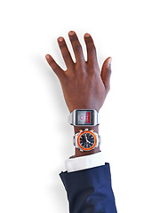 Image showing How do you like my upgrade. Studio shot of an arm wearing a smart watch and an analog watch - All screen content is designed by us and not copyrighted by others.