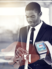 Image showing Smart technology for the smart businessman. Multiple exposure shot of a young businessman and a closeup of his smartwatch.