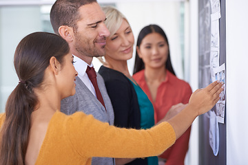 Image showing This team always goes above and beyond. A team of businesspeople drawing up a storyboard on a chalkboard in the office.