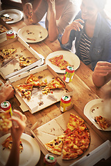 Image showing All you can eat. a group of friends enjoying pizza together.