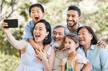 Image showing Memories we make with family mean everything. a happy family taking selfies in a garden.