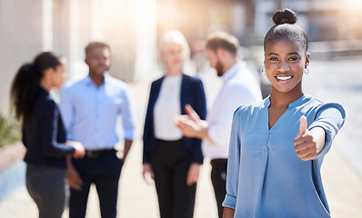 Image showing Start every day with a positive thought. a young businesswoman showing a thumbs up outside.