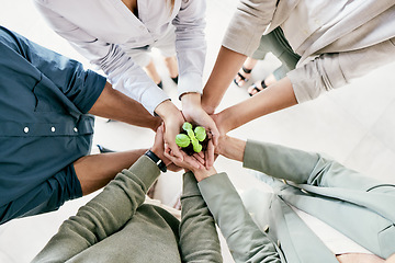 Image showing These things take time. a group of unrecognizable businesspeople holing a budding plant while standing in their office.