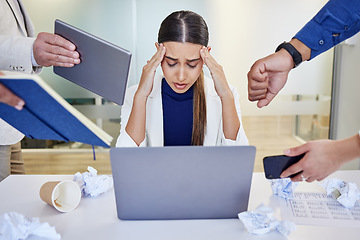 Image showing Take care of your mind before anything else. a young businesswoman looking overwhelmed in a demanding work environment.