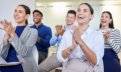 Image showing That presentation was great. a group of businesspeople clapping in a meeting at work.