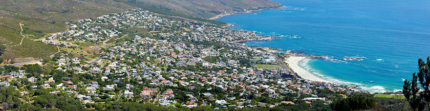 Image showing Aerial panorama photo of Cape Town. Panorama photo Camps Bay Western Cape, South Africa.