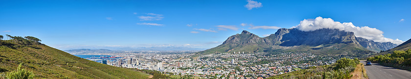 Image showing Aerial panorama photo of Camps Bay. Panorama photo of Cape Town, Western Cape, South Africa.