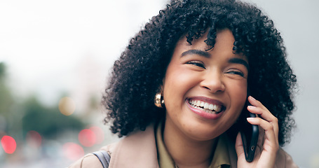 Image showing City, laughing or happy businesswoman on a phone call talking, networking or speaking of funny joke. Smile, mobile communication or biracial entrepreneur in conversation for a negotiation or deal