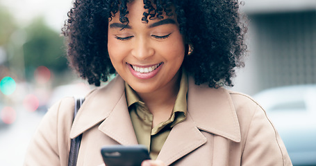 Image showing Social media, phone or business woman in city typing online to search for internet post or website notification. Smile, news blog or happy entrepreneur texting or networking on mobile app for a meme