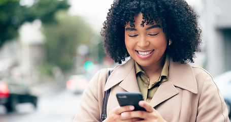Image showing Happy, phone or business woman in city typing online to search for social media post or meme notification. Smile, news blog or entrepreneur on street texting or networking on mobile app or website