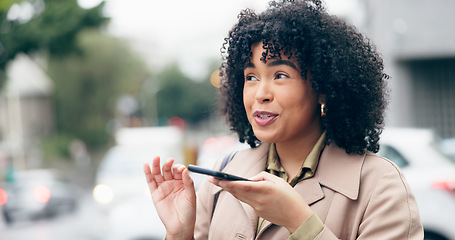 Image showing City, speaker or happy businesswoman on a phone call talking, networking or speaking of ideas. Voice message, mobile communication or entrepreneur in conversation for a negotiation or deal offer