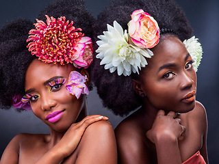 Image showing Who said anything about plain. two beautiful women posing together with flowers in their hair.