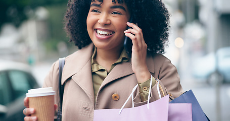 Image showing Phone call, shopping bag or happy woman in city for boutique retail sale or clothes discount deal. Coffee, financial freedom or rich customer walking on street talking or speaking of fashion offer