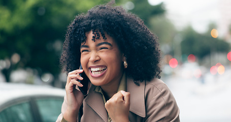 Image showing Phone call, excited or woman in celebration in city for good news, achievement or winning a competition. Wow, winner or happy worker cheering for success, bonus or reward in urban street or CBD