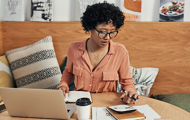 Image showing Youre capable of doing whatever you put your mind to. a businesswoman using her laptop while working at a cafe.