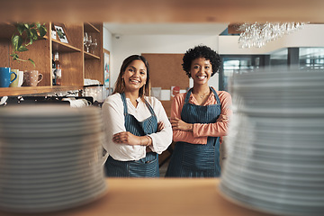 Image showing Were great friends and even better business partners. two young women working in a cafe.