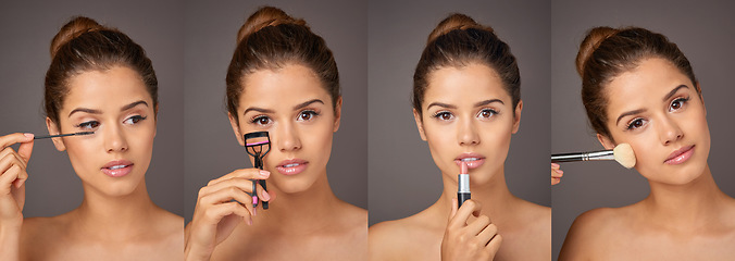 Image showing Four steps to beauty. Composite shot of a beautiful young model applying makeup in studio.