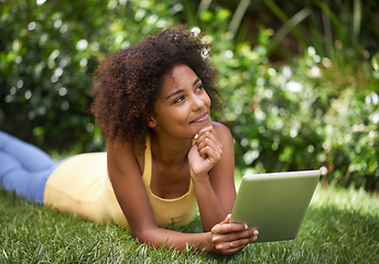 Image showing What should I do today. an attractive young woman using her digital tablet outside on the grass.