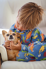 Image showing Growing together, loving together. A little boy petting his dog on the couch.