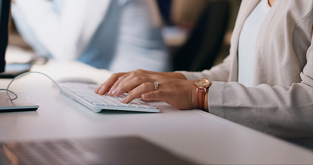 Image showing Business woman, hands and typing on keyboard at night for project deadline, communication or networking at office. Closeup of female person, typist or journalist working late on computer at workplace