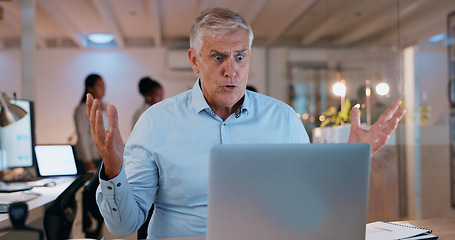 Image showing Shock, senior ceo and man on laptop in office at night for stress, bad news and financial crisis. Mistake, surprise and manager on computer reading email for bankruptcy, tax debt and business fail