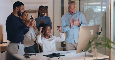 Image showing Call center, applause and people success, target and sales celebration on computer for telemarketing teamwork. Consultant, agent men and women clapping, excited and yes for winner and news in office