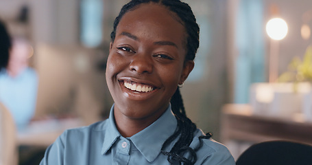 Image showing Night, business and portrait of happy black woman in office with confidence, smile or positive attitude. Working late, inspiration or face of African female lawyer in coworking space at startup