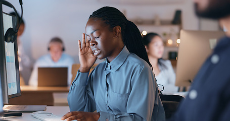 Image showing Business woman, headache and call center stress, pain or frustrated on computer with sales fail, crisis or bad news. African agent, night consultant with depression or tired for telemarketing mistake