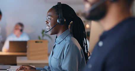 Image showing Happy woman, call center and night communication, customer service or e commerce support on computer. Professional consultant or african agent of web solution, questions or business chat in workspace