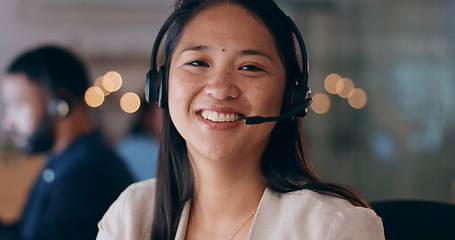 Image showing Business woman, portrait and call center, night communication or consultant support for customer service. Happy, face and professional agent or asian advisor for solution, help desk and virtual chat