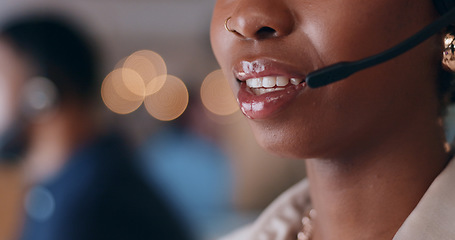 Image showing Call center, closeup and mouth of woman consulting in office for contact us, crm or faq with bokeh. Telemarketing, voice and lead generation consultant with loan advice, customer service or support