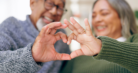 Image showing Smile, heart hands or old couple with support, love or hope in a marriage commitment at home together. Happy, valentines day blur or romantic senior man with trust or elderly woman on anniversary