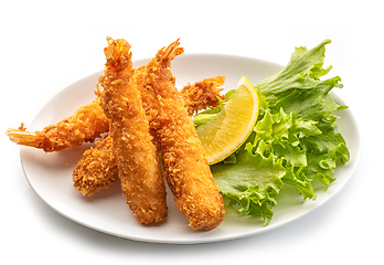 Image showing plate of breaded torpedo shrimps