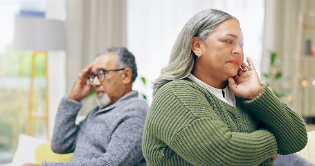 Image showing Senior couple, ignoring and upset on fight, argument and divorce for marriage problems. People, stress and frustrated for silent treatment, living room and anxious in retirement, couch and conflict