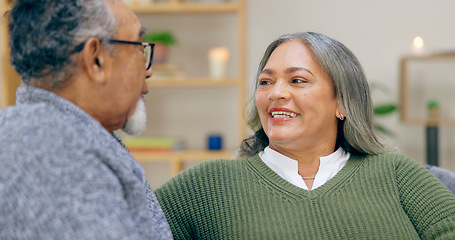 Image showing Senior couple, smile and conversation in home living room, love and bonding together to relax. Happy elderly man, woman in lounge and connection, healthy relationship and care in retirement in house