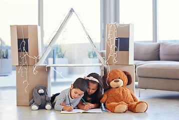 Image showing We can draw well. two little siblings drawing together at home.