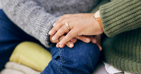 Image showing Holding hands, couple and bonding in close up for marriage, support and trust in relationship. Security, hope and care in unity, empathy and man or woman gratitude, zoom and love in commitment