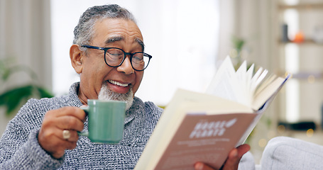 Image showing Senior man, book and coffee on sofa with smile, reading or relax in retirement in home living room. Elderly person, literature and happy with tea cup for knowledge, thinking and drink on lounge couch