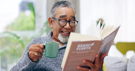 Image showing Elderly man, book and coffee on sofa with smile, reading or relax in retirement in home living room. Senior african person, literature and happy with tea for knowledge, thinking and drink on couch