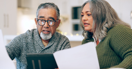 Image showing Financial, reading or senior couple with documents in home for retirement savings or pension planning. Profit growth, investment app or mature man with a woman for house bills or budget together