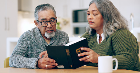 Image showing Reading book, old couple or bible in home for faith, religion or God with hope for worship in house. Studying Jesus Christ, holy spirit or Christian people learning literature or spiritual prayer