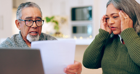 Image showing Senior couple, stress and documents for tax, debt and bills, bankruptcy or retirement. Elderly man, woman and paperwork in financial crisis, planning budget or asset management in living room at home